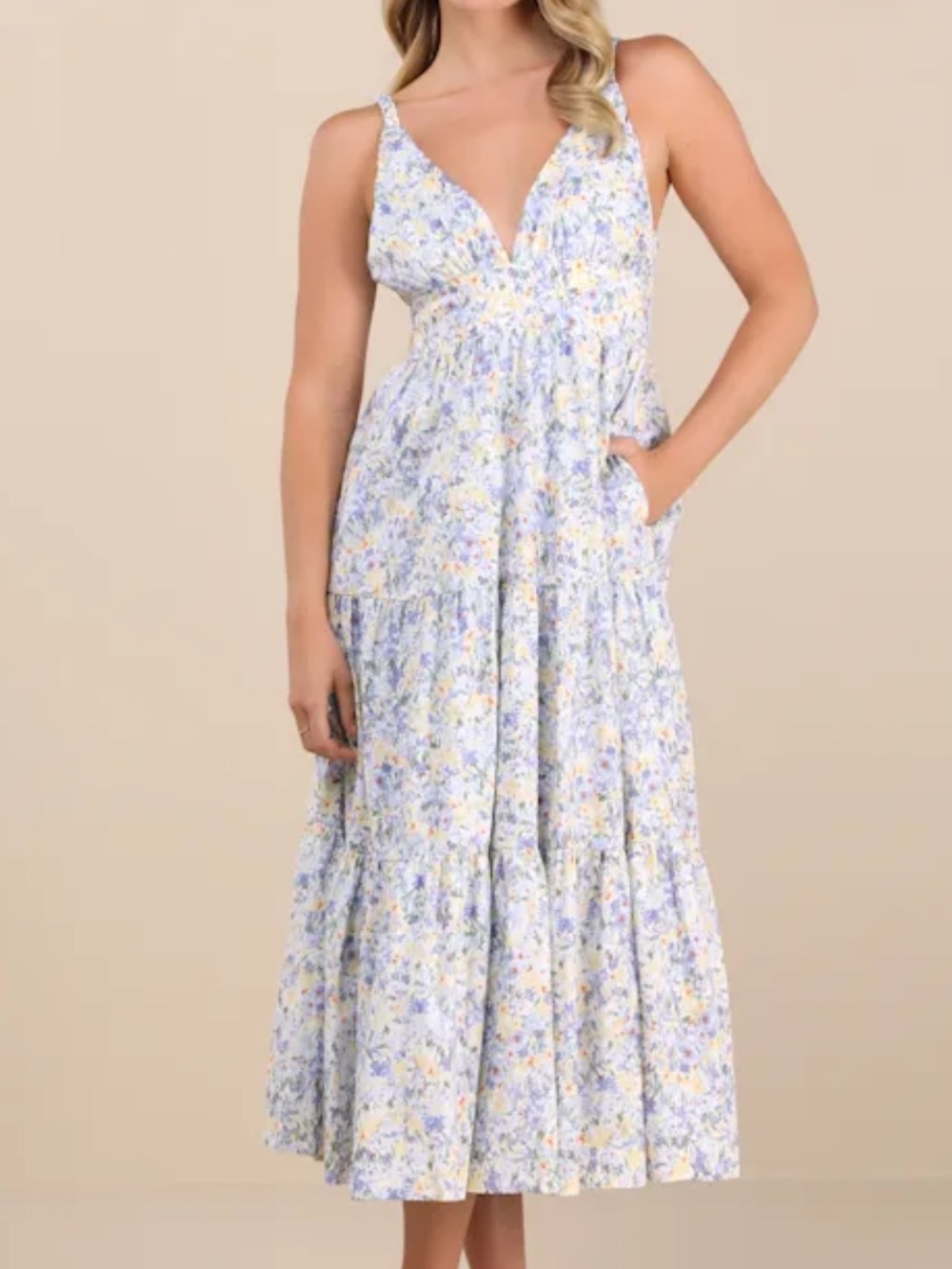 Lulus Brightly Blossoming Light Blue Floral Tiered Midi Dress XL Cottagecore
